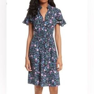 Rebecca Taylor Smocked Neck 100% Silk Floral Dress Size 0